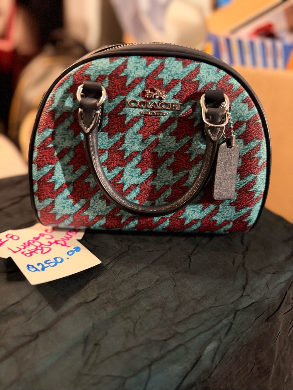 Coach Teal and Burgundy Houndstooth Mini Satchel